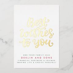 the best wishes to you card is shown in gold foil on a white background with marble