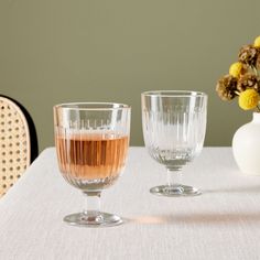 two wine glasses sitting on top of a table