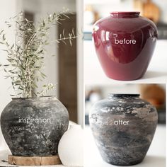 two vases with plants in them and the words before and after painted on them