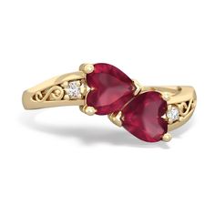 Two hearts, snuggled up against each other, in a warming 14K Gold embrace. This ring features beautiful heart shaped ruby and ruby gems. Accented by two dazzling diamonds, with an elegant filigree curve. You can customize this ring, perhaps choosing your loved one's favorite colors, or the birthstones of you and your love. Gem: Genuine Ruby Metal: solid 14K Gold Diamonds: genuine SI2 diamonds Free gift packaging is included with every order. Red Diamond Heart Ring For Anniversary, Red Birthstone Promise Ring With Diamond Accents, Yellow Gold Ruby Promise Ring For Valentine's Day, Yellow Gold Ruby Ring For Valentine's Day Promise, Red Heart Diamond Ring For Anniversary, Heart-shaped Diamond Ring For Anniversary, Red Heart Shaped Diamond Anniversary Ring, Valentine's Day Promise Ruby Ring In Yellow Gold, Valentine's Day Ruby Ring With Accent Stones For Anniversary