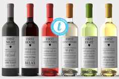 five bottles of wine are lined up next to each other with the first night label on them