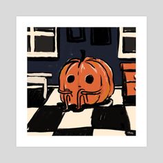 a pumpkin sitting on top of a black and white checkered floor