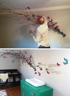 two pictures of a baby's room with butterflies on the wall and a crib