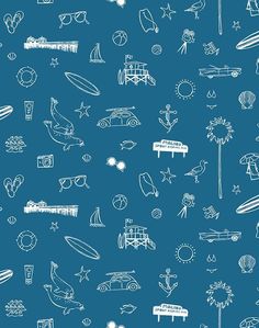 a blue background with white doodles on the theme of summer and beach related items