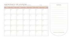 a printable calendar with the month planner on it and an empty notepad next to it