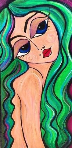 a painting of a woman with green hair and blue eyes