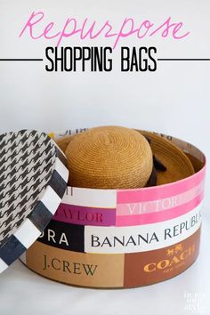 a hat and other items in a box with the words repurpose shopping bags