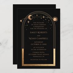 a black and gold wedding card with the words,'celestial golden moon art '