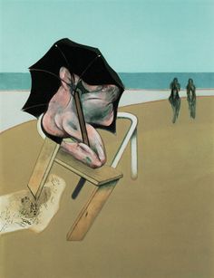 a painting of a man sitting on a chair with an umbrella over his head and other people walking in the background