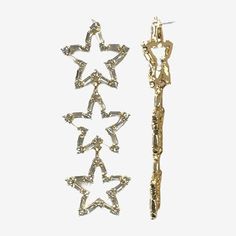 two pairs of gold tone earrings with stars hanging from each earring, one in the shape of a cross and one in the shape of a star