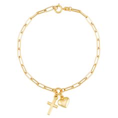 With symbols of love and faith, this beautiful paperclip bracelet in 14K yellow gold makes a perfect keepsake gift for any occasion. | Paperclip Bracelet with Heart and Cross Charms | 14K Yellow Gold, 7.25" | Size 7.5" | Helzberg Diamonds Yellow Gold Paperclip Bracelet For Gift, Gold 14k Gold-filled Paperclip Bracelet As Gift, Heart-shaped Yellow Gold Charm Bracelet Gift, Gold-tone Gold Plated Paperclip Bracelet Gift, Heart-shaped 14k Yellow Gold Charm Bracelet, Gold Cross Bracelet, Wwjd Bracelet, Heart And Cross, Heart Cross Necklace