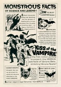 an advertisement for the vampire movie, featuring bats and other things in black and white