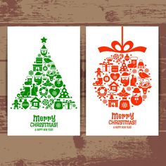 two cards with christmas symbols on them, one is red and the other is green