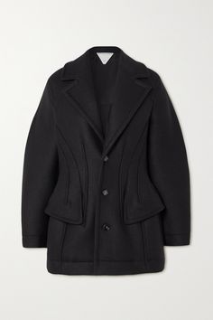 Like most of the outerwear on the runway at Bottega Veneta's Fall '23 show, this coat is defined by exaggerated proportions. Cut from felted wool-blend, it has a sculpted waist balanced out by wide lapels and curved sleeves. Hooded Wrap Coat, Designer Coats For Women, Felt Coat, Alpaca Coat, Boucle Coat, Pea Coats Women, Designer Coats, Reversible Coat, Tweed Coat