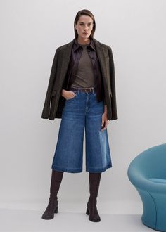 Crease Front Denim Culotte | ME+EM Denim Culottes Outfits, Culotte Outfit, Culottes Outfit, Denim Culottes, Blouson Sleeve, Cashmere Jacket, Belted Blazer, Sweater Layering, Half Zip Sweaters