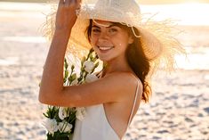 Beach Wedding Hairstyles: The Best & Trending Relaxed Looks for 2024 Vegan Moodboard, Woman At The Beach, Beach Relaxing, Holding Bouquet, Beach Walking, Sunny Morning