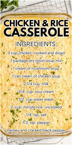 the ingredients for chicken and rice casserole in a pan