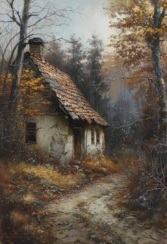 an oil painting of a small house in the woods with trees and leaves around it