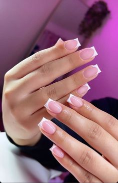 Pastel Pink French Tip Nails Square, Short Squared Frenchies, Short Square Pink French Tip Nails, Pink Frenchies, Pink Tip Nails, Grunge Nails, Girly Acrylic Nails, French Acrylic Nails, Classy Acrylic Nails