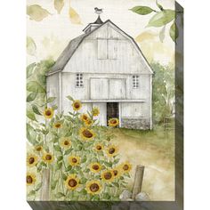 a painting of a barn with sunflowers in the foreground