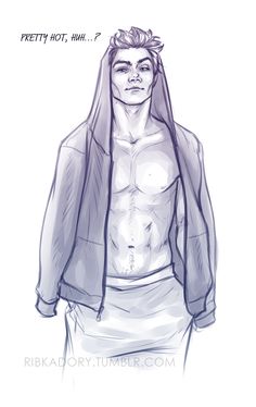 a drawing of a shirtless man wearing a hoodie and holding his hands in his pockets