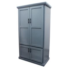 a tall gray cabinet with two doors