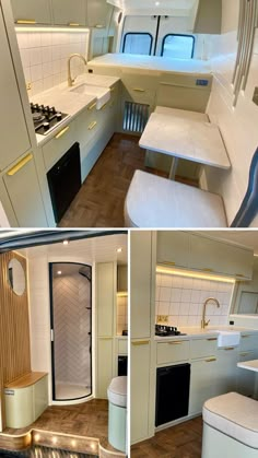 the interior of an rv is clean and ready to be used as a kitchen area