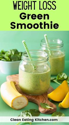 green smoothie in a mason jar on a cutting board