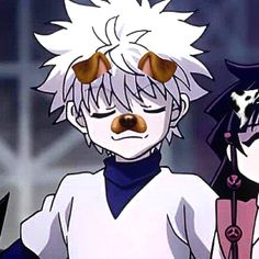 two anime characters one with white hair and the other with brown eyes, standing next to each other