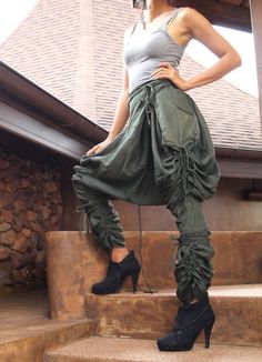 Heather Pants...Dark green mix silk Streampunk one by cocoricooo Hanging Trousers, Silhouette Mode, Elegant Pants, Creative Clothes, Fashion Silhouette, Funky Outfits, Stylish Pants