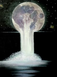 a painting of a waterfall coming out of the water with stars in the sky above