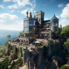 an artistic rendering of a castle on top of a cliff