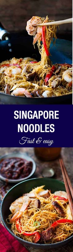 singapore noodles in a pan with chopsticks on the side, and another plate full of stir - fried noodles