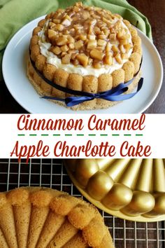 cinnamon caramel apple charlotte cake on a cooling rack