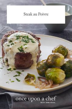 steak au poivre with brussel sprouts on a plate