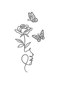 a line drawing of three roses and two butterflies