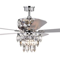 a ceiling fan with crystal chandelier hanging from it's blades and light bulbs