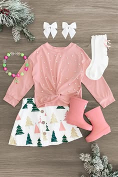 Pink Pearl Christmas Tree Skirt Set | Sparkle In Pink White Plaid Christmas Tree, Pearl Christmas Tree, Pearl Christmas, Simple Dressing, Christmas Tree Dress, Sparkle In Pink, Pink Long Sleeve Top, Boutique Outfits, Tree Dress