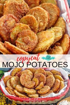 two pictures with different types of food in them and the words combat mojo potatoes