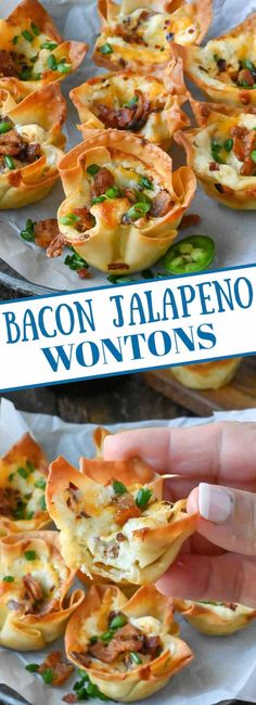 bacon jalapeno wontons on a plate with the title above it