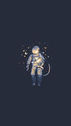 an astronaut with butterflies flying around him