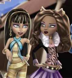 two cartoon dolls are standing next to each other