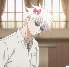 an anime character with white hair and pink bow tie looking off to the side in front of large windows