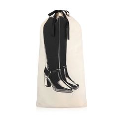 a black and white bag with a pair of rain boots on the front, sitting in front of a white background