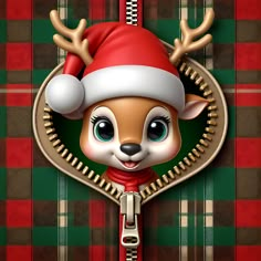 an animal wearing a santa claus hat on top of a green and red plaid background