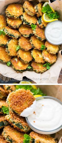 two pictures showing the process of making crab cakes with sour cream and spinach leaves