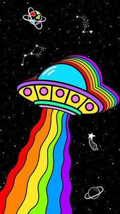 an alien ship flying through the sky with rainbows