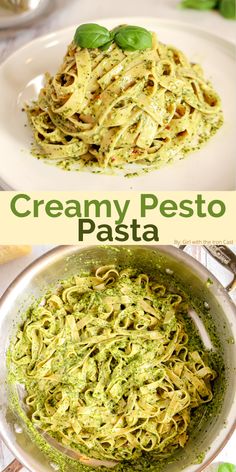 creamy pesto pasta in a white bowl with basil leaves on top and another photo of the dish