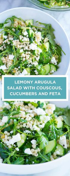 lemony arugula salad with cucumbers and feta in a white bowl