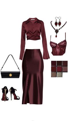 #outfits #fashion Red Satin Skirt Outfit, Venus Scorpio, Cherry Aesthetics, Red Satin Skirt, Satin Skirt Outfit, Modesty Outfits, Dressy Casual Outfits, Sophisticated Outfits, Evening Dresses With Sleeves